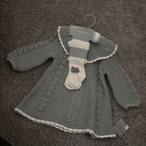 Tahari Green Cable Knit Baby Dress with Cream Trim